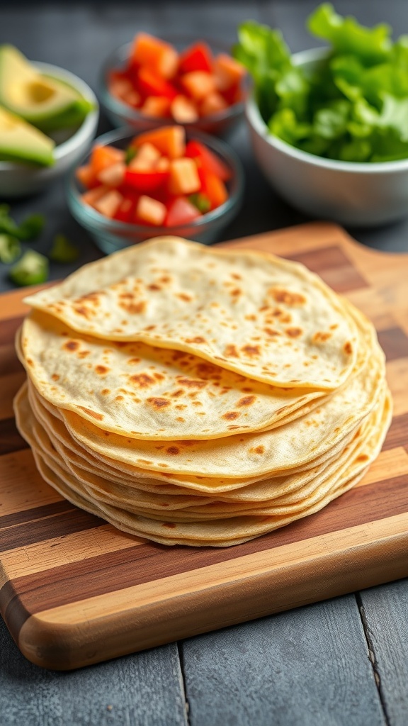 A stack of golden gluten-free tortillas on a cutting board with fresh vegetables in the background.